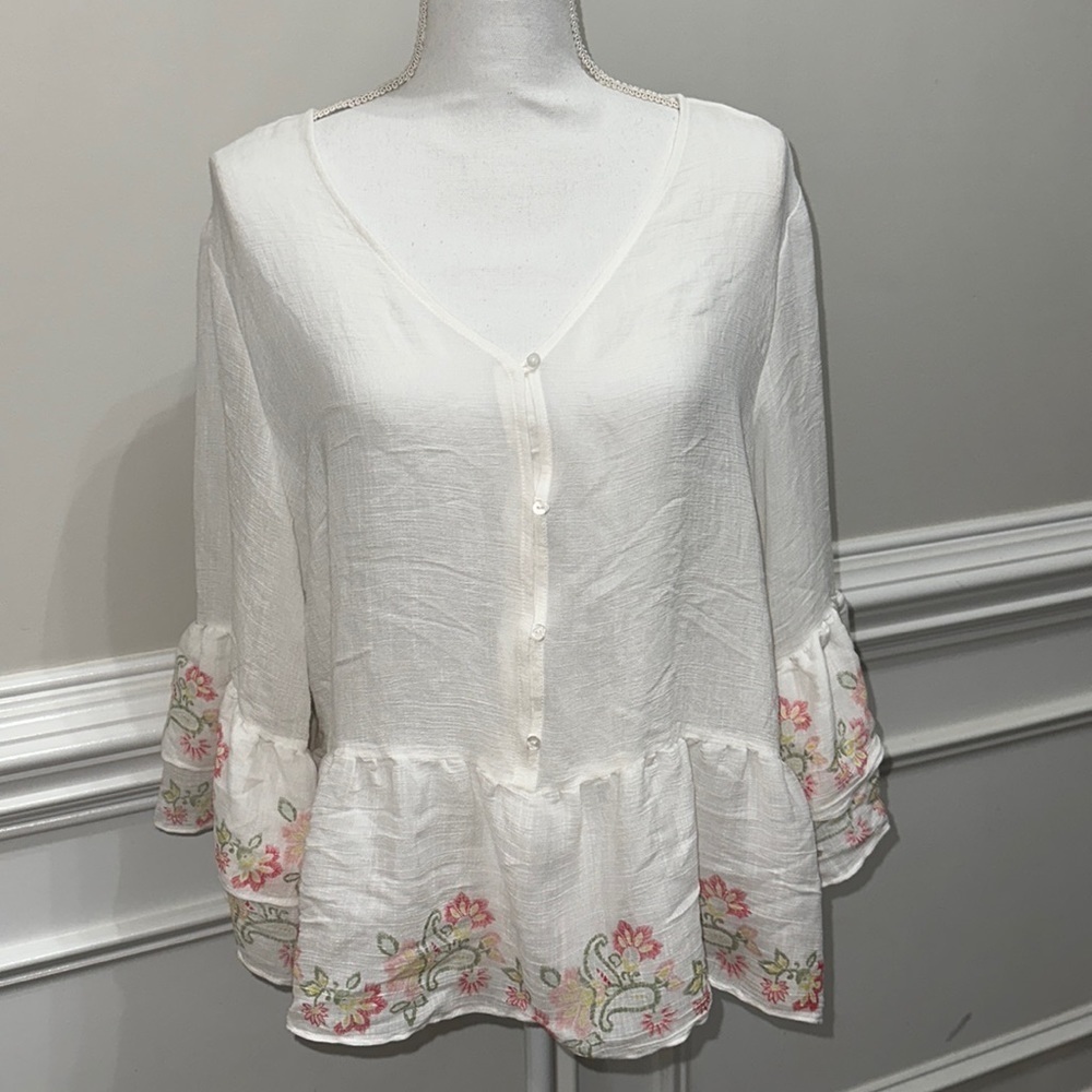 ZAC & RACHEL Sheer Floral Boho Bell Sleeve Oversized Blouse size XL
